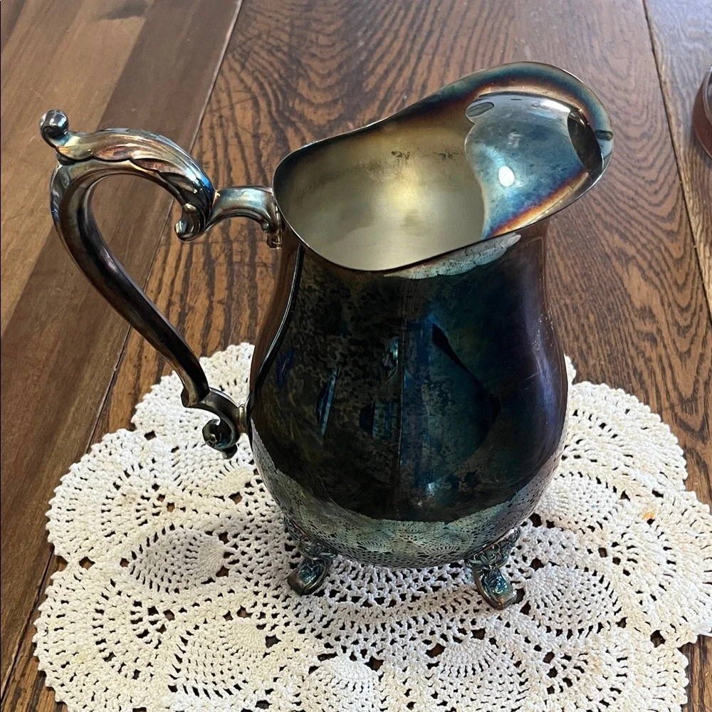 Vintage Silverplated Oneida Footed Pitcher - Blue-Green Patina